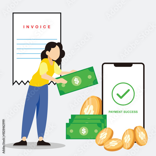 illustration of a person making an online payment transaction, there is a money and receipt icon on it