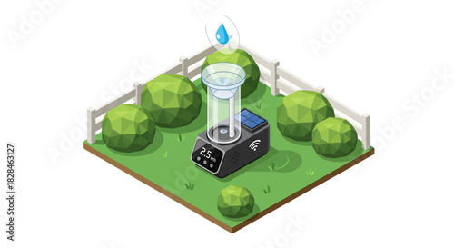 Isometric garden irrigation system illustration for efficient resource management and cultivation