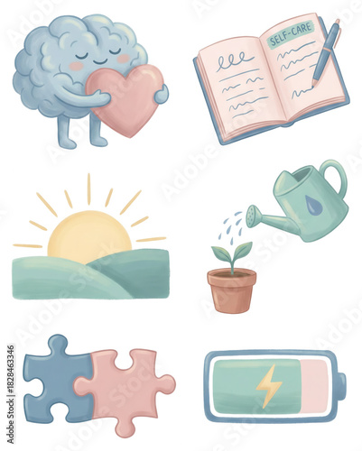 Self-Care Illustration Set: Brain, Journal, Sunrise, Growth - Digital Art