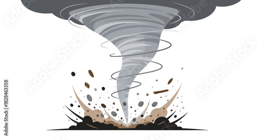 Stylized cyclone cartoon whirling with debris and dark cloud conveying climate change risks