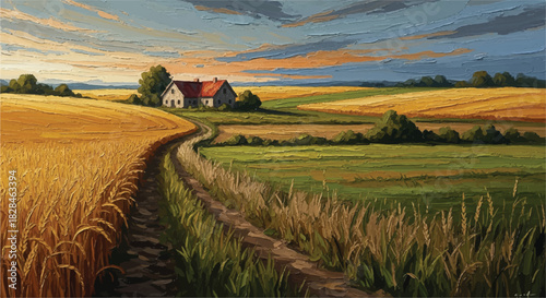A realistic abstract rural landscape captures a charming farmhouse nestled within vast golden wheat fields and open meadows under a warm harvest sky during peak season.