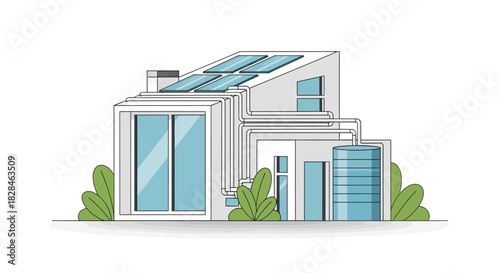 Sustainable living concept home illustration, featuring solar panels and water conservation system