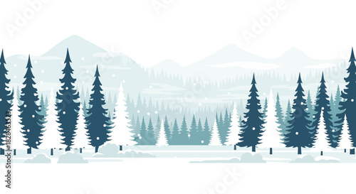 Serene winter forest landscape illustration with snow-covered trees and distant mountains
