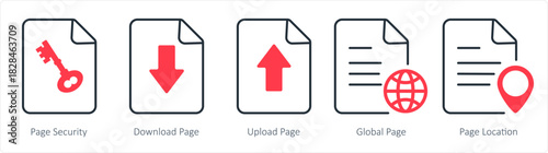 A set of 5 document icons as page security, download page, upload page