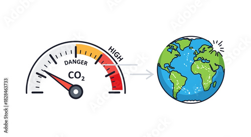 Global warming illustration with CO2 meter pointing to danger zone and a world globe