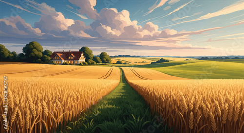 A stunning photorealistic abstract rendering of a quaint farm house nestled among vast, golden ripened wheat fields and tranquil green rolling meadows under a soft, peaceful sky.