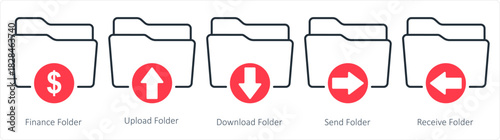 A set of 5 document icons as finance folder, upload folder, download folder