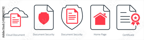 A set of 5 document icons as cloud document, document security, home page