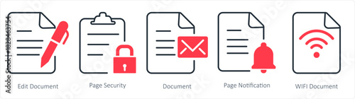 A set of 5 document icons as edit document, page security, document