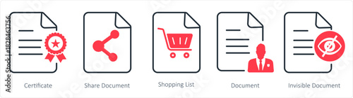 A set of 5 document icons as certificate, share document, shopping list