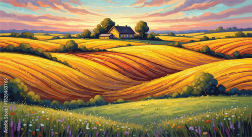 Golden harvest fields surround a classic rustic farmhouse nestled in a realistic abstract farm landscape featuring serene soft green meadows under a warm, peaceful sky.