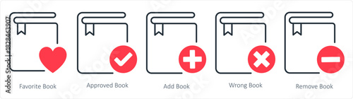 A set of 5 document icons as favorite book, approved book, add book