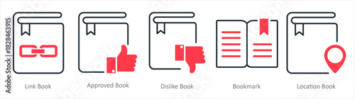 A set of 5 document icons as link book, approved book, dislike book