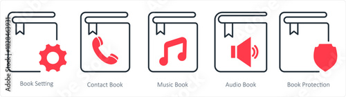 A set of 5 document icons as book setting, contact book, music book