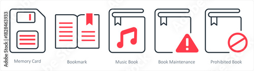 A set of 5 document icons as memory card, book, music book, book maintenance