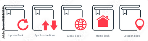 A set of 5 document icons as update book, synchronize book, global book