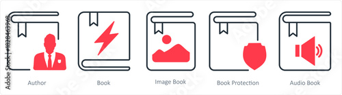 A set of 5 document icons as author, book, image book