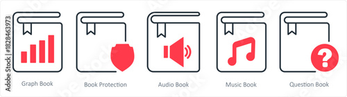 A set of 5 document icons as graph book, book protection, audio book