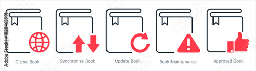 A set of 5 document icons as global book, synchronize book, update book