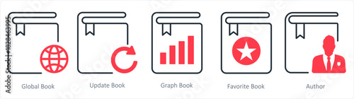 A set of 5 document icons as global book, update book, graph book