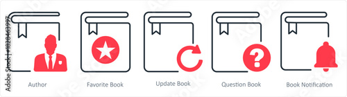 A set of 5 document icons as author, favorite book, update book