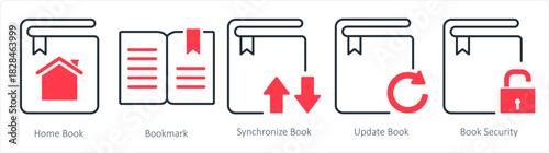 A set of 5 document icons as home book, bookmark, synchronize book