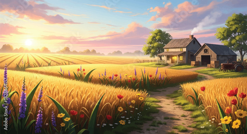 Photorealistic 3D render of a serene countryside harvest scene, showcasing a traditional farmhouse surrounded by vast, glowing golden wheat fields and artistically stylized meadow shapes.