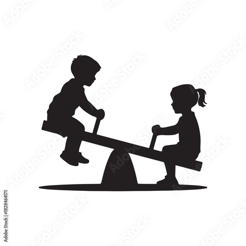 Children Playing on Seesaw Silhouette Vector
