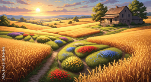 A beautiful photorealistic harvest-time tranquility captures a classic rustic farmhouse nestled among bright golden wheat fields and modern abstract meadow shapes.