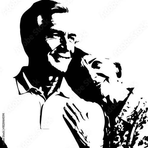 Two people share a tender, joyful moment in a high-contrast black and white portrait.