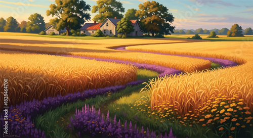 A warm, realistic harvest-time illustration shows vast golden wheat fields surrounding a rustic farmhouse, complemented by abstract, curving meadow lines, evoking a peaceful rural atmosphere.