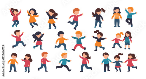 A vibrant collection of diverse cartoon children, boys and girls, happily jumping, running, and playing together, symbolizing active childhood, friendship, and joy.