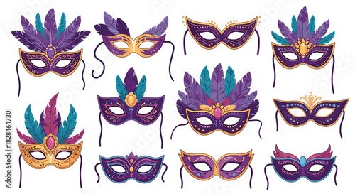 A vibrant collection of ornate Mardi Gras carnival masks adorned with feathers and jewels, perfect for celebration and mystery.