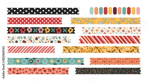 Set of colorful decorative washi tapes featuring varied patterns such as polka dots, stripes, florals, and animal prints for crafts.
