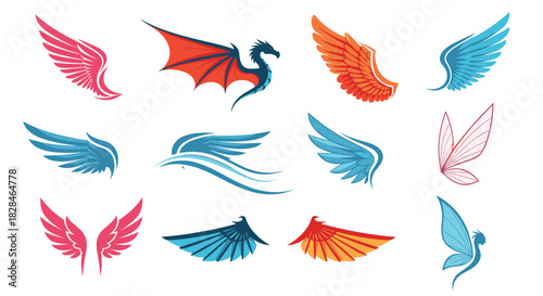 A collection of diverse stylized wings in various colors and designs, including angelic, dragon, and fairy wings.