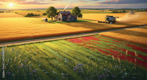 A realistic rural harvest scene features a traditional farmhouse nestled among vast, sun-drenched golden wheat fields, surrounded by subtly abstract textures in the sprawling meadow landscape.