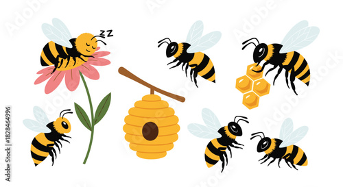 Cute cartoon bees engaging in various activities like sleeping on a flower, flying, and holding honeycomb, with a traditional beehive nearby.