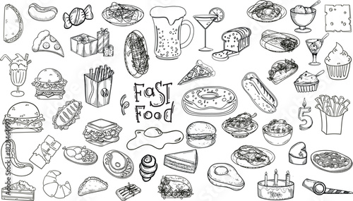 Hand drawn fast food doodles with burgers, fries, and more.