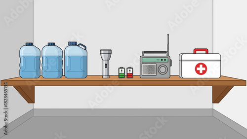 A wooden shelf with survival supplies including water jugs, flashlight, radio, and first aid kit on a gray background.
