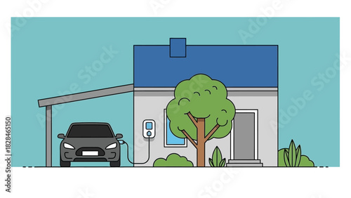 Illustration of a house with a car charging at an electric vehicle station under a carport with a tree in front.