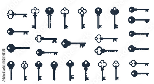 A diverse assortment of black and white vector key icons, showcasing antique, modern, and skeleton key designs, ideal for concepts of security and access.