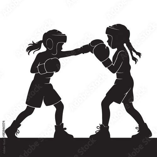 Two Girls Boxing Sparring Silhouette Vector