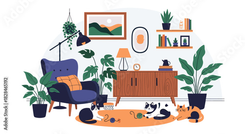 A cozy and inviting living room filled with various potted plants, comfortable furniture, and playful cats enjoying their home.