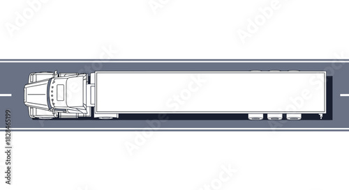 A top-down view of a white semi-truck with a long trailer driving on a straight gray road with white lines, illustrating transportation and logistics.