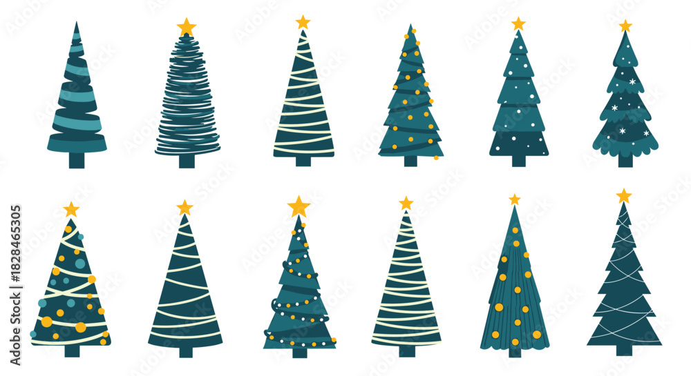 Obraz premium A collection of diverse teal and dark blue Christmas trees with yellow star toppers and festive decorations.