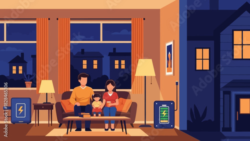 An animated family of three sitting together on a couch in a cozy living room with a cityscape view at night, warm lighting, and a suburban home exterior.