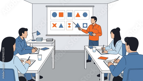 A man in an orange shirt presents geometric shapes on a projector screen to a group of people sitting at tables in a classroom setting with a whiteboard and desk.