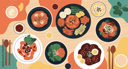 A beautiful overhead view of a vibrant feast of traditional Korean food, featuring popular dishes and banchan spread across a textured table.