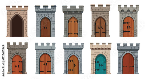 Collection of cartoon medieval castle gates and arched wooden doors with stone walls and battlements, isolated on white background.
