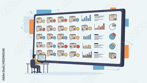 Illustration of a man sitting at a desk in front of a large computer monitor displaying various colorful business charts and graphs on a light blue background.